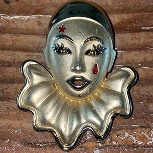 Vintage Pierrot Clown Face Tear Drop Star & Gold Tone Brooch Pin
